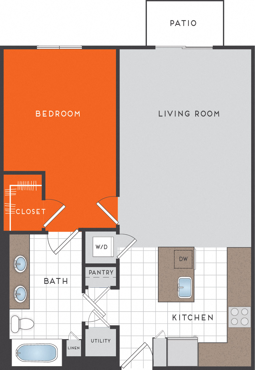 Floor plan for 1 bed, 1 bath, 811 sqft