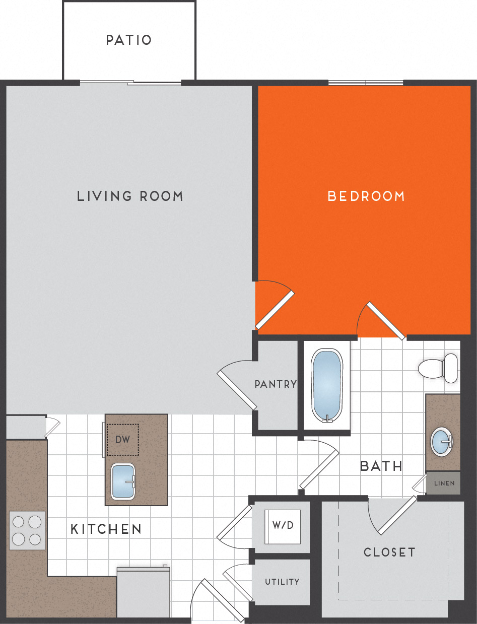 Floor plan for 1 bed, 1 bath, 847 sqft