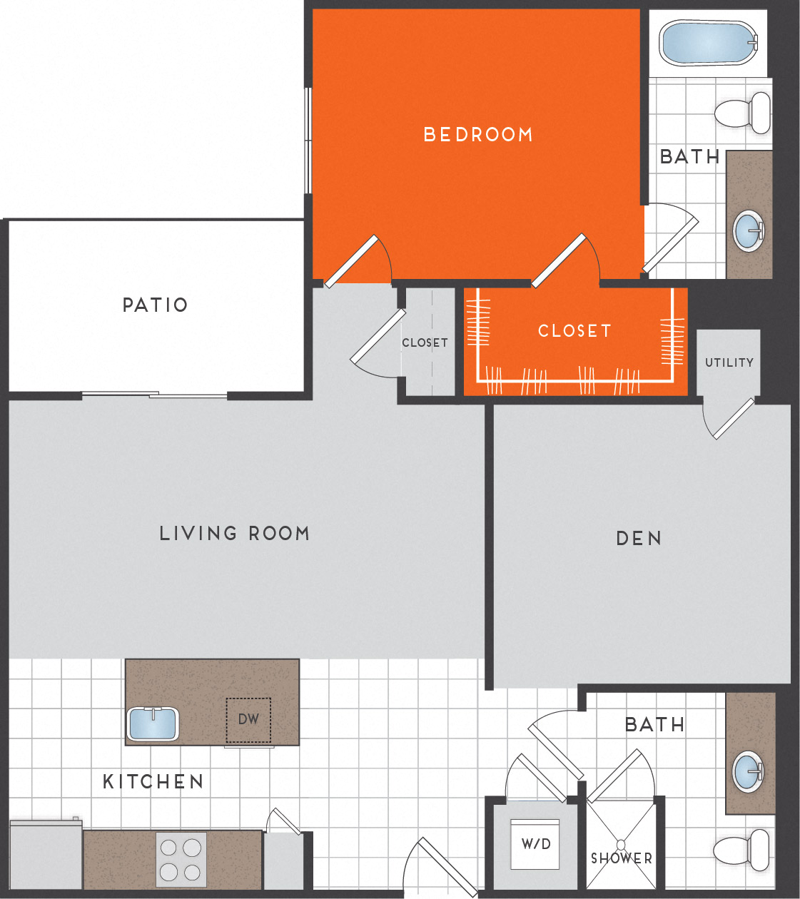 Floor plan for 1 bed, 2 baths, 1004 sqft