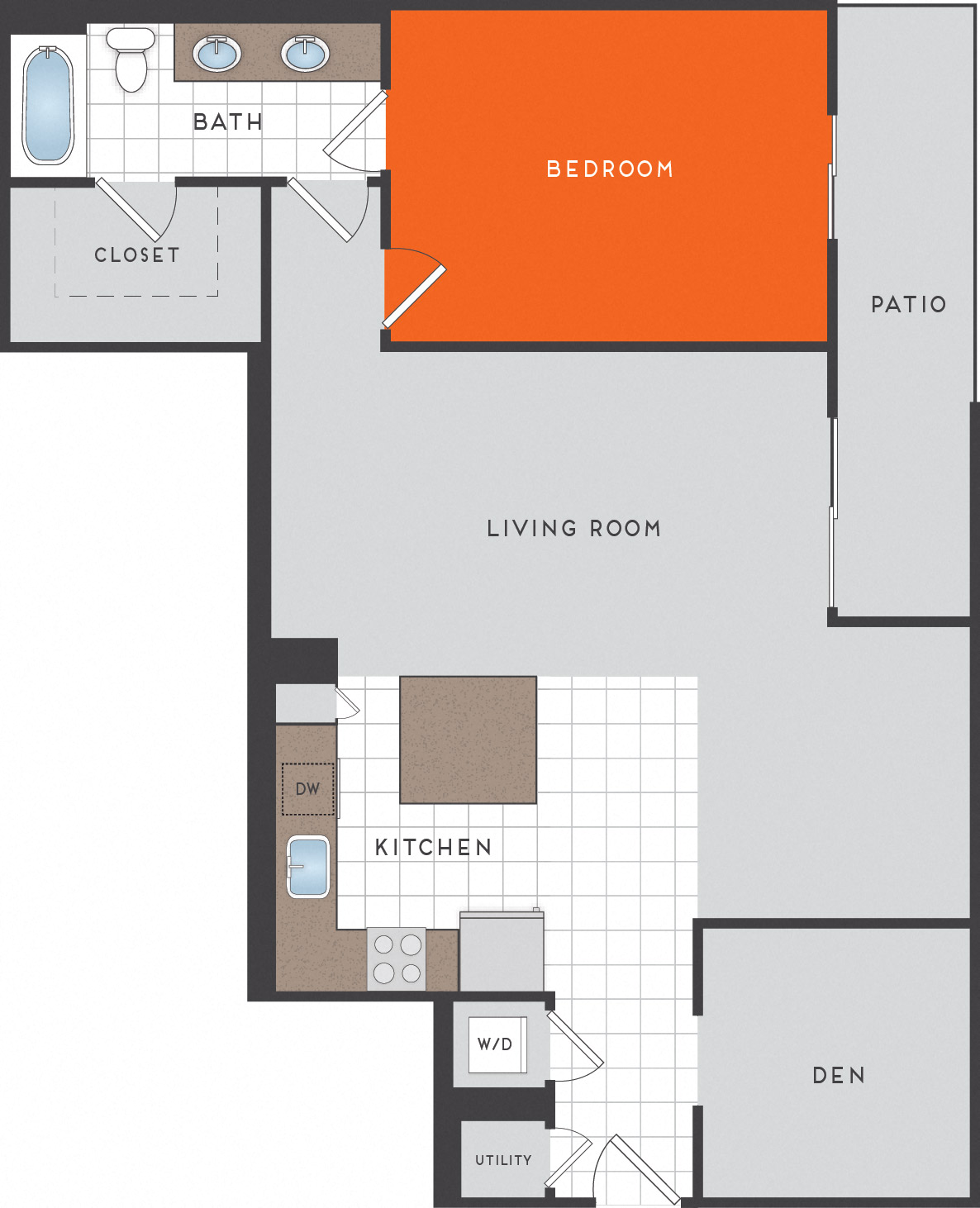 Floor plan for 1 bed, 1 bath, 1008 sqft