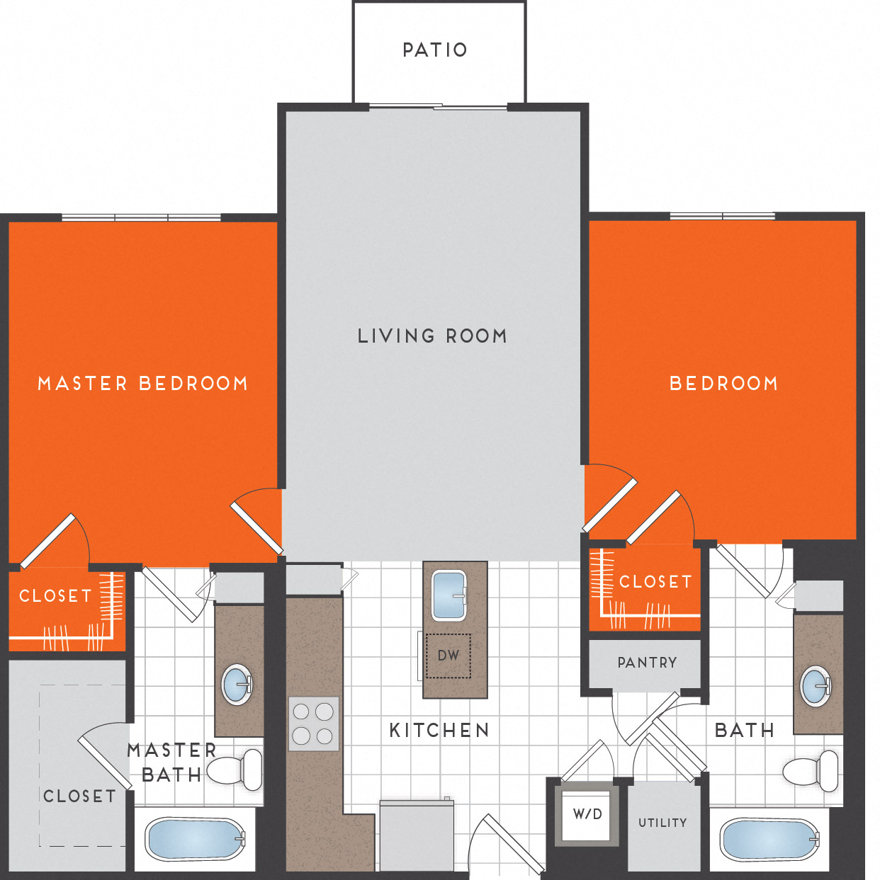 Floor plan for 2 beds, 2 baths, 1048 sqft