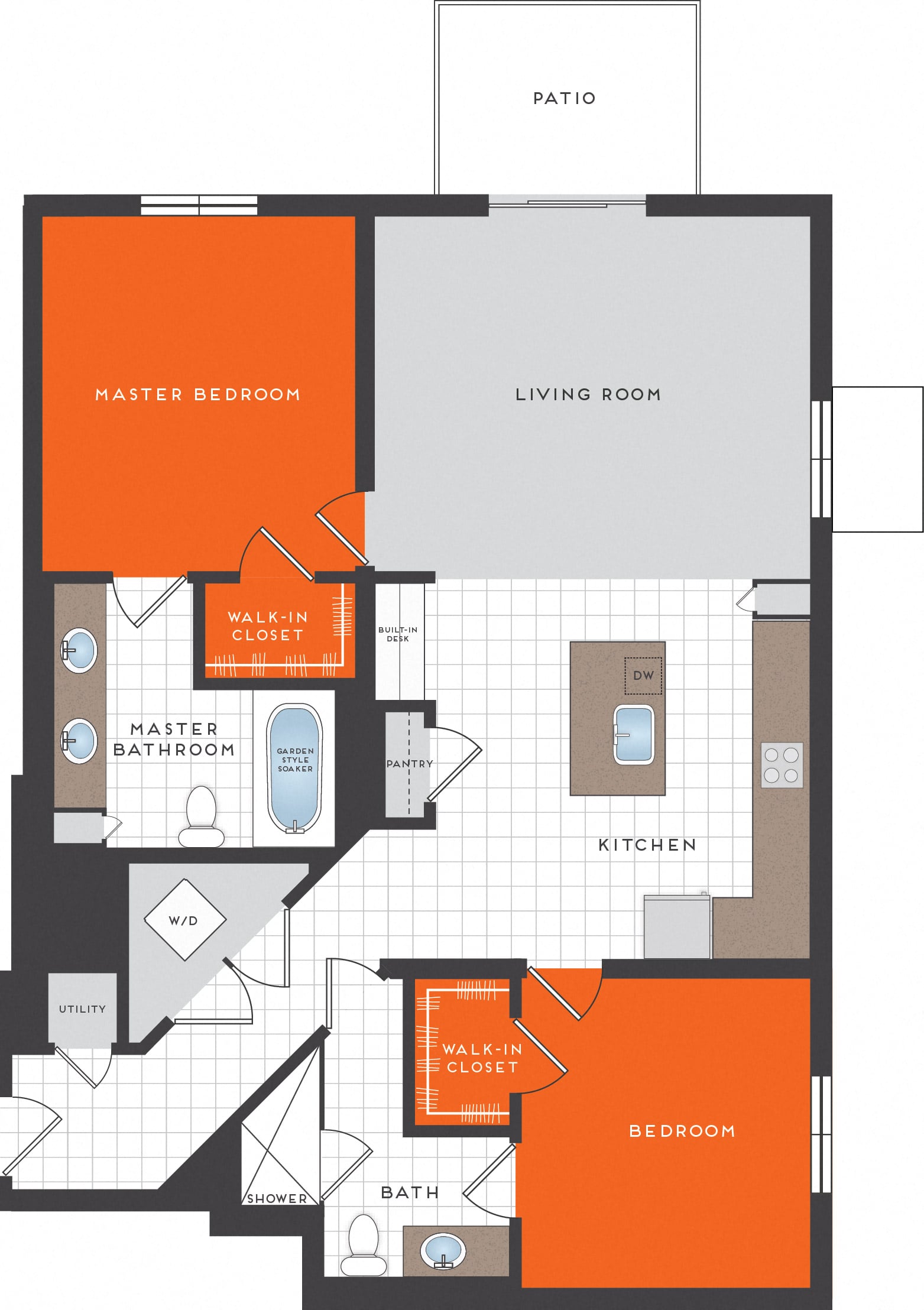 Floor plan for 2 beds, 2 baths, 1232 sqft