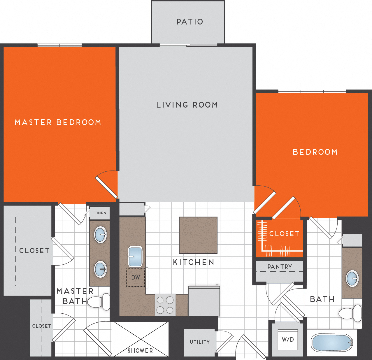 Floor plan for 2 beds, 2 baths, 1080 sqft