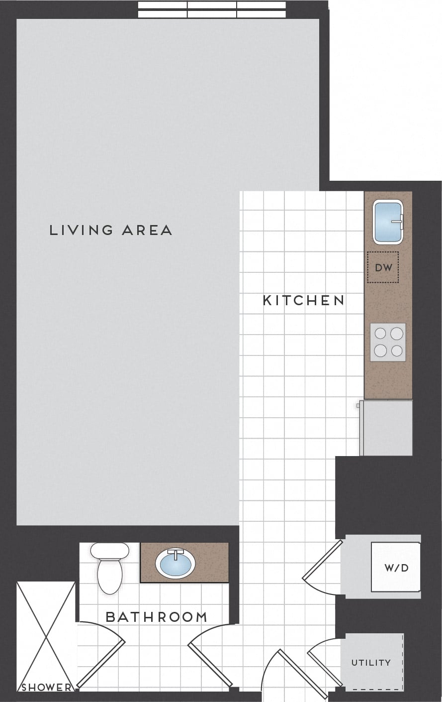 Floor plan for studio, 1 bath, 563 sqft