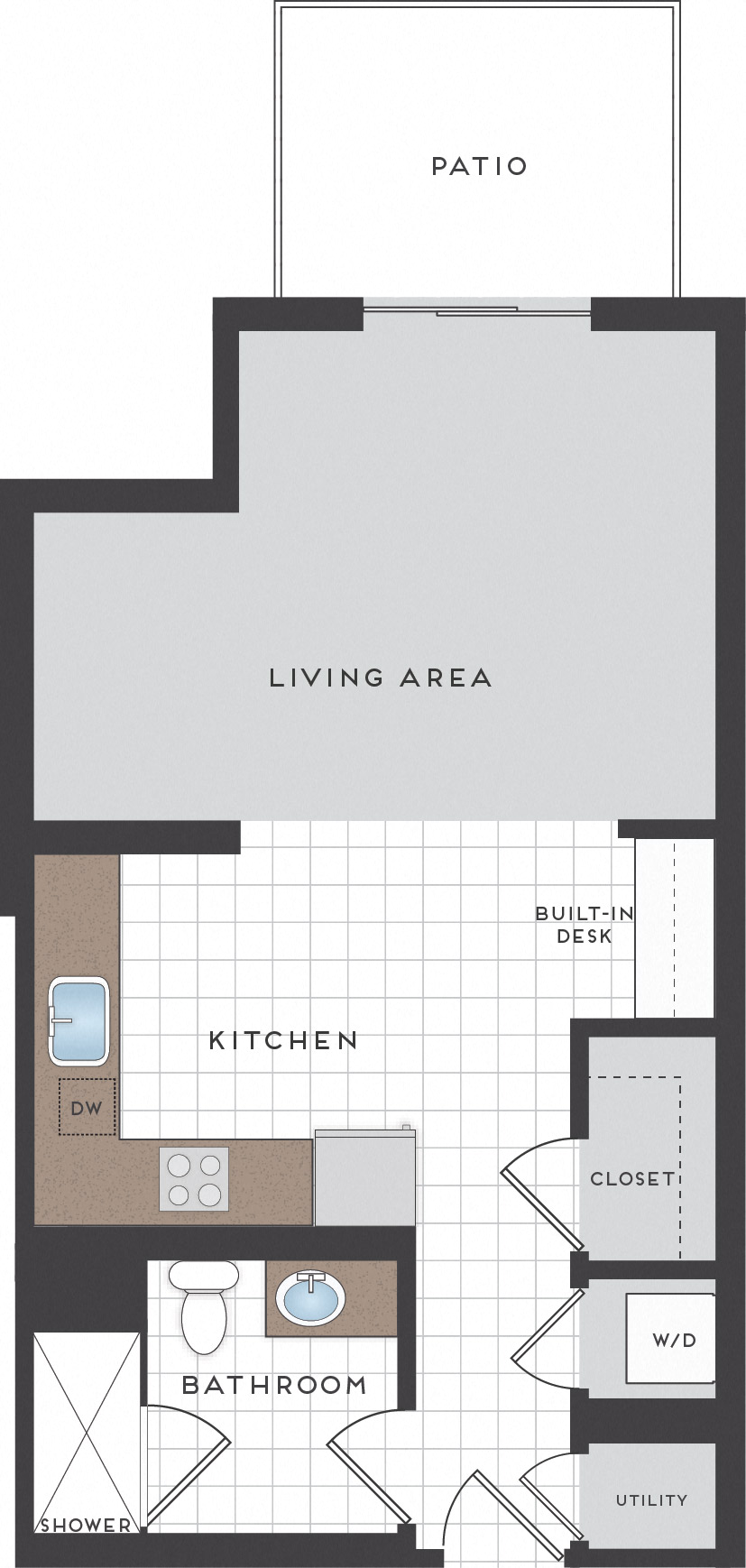 Floor plan for studio, 1 bath, 558 sqft