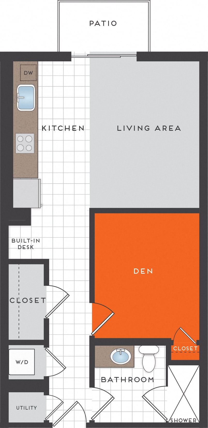 Floor plan for studio, 1 bath, 557 sqft