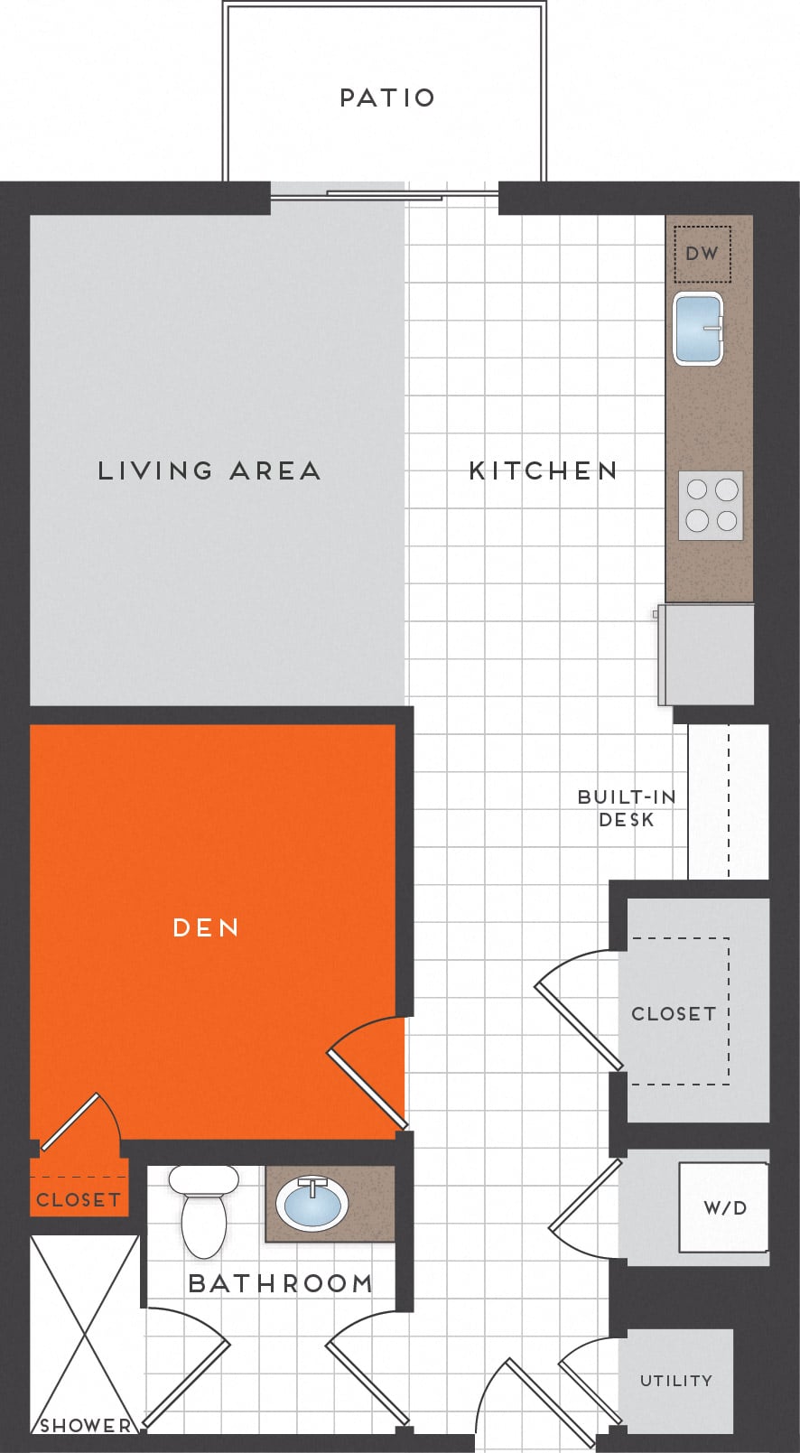 Floor plan for studio, 1 bath, 597 sqft
