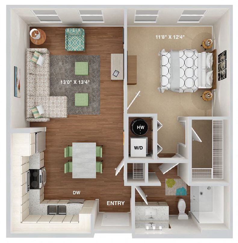 Floor plan for 1 bed, 1 bath, 682 sqft
