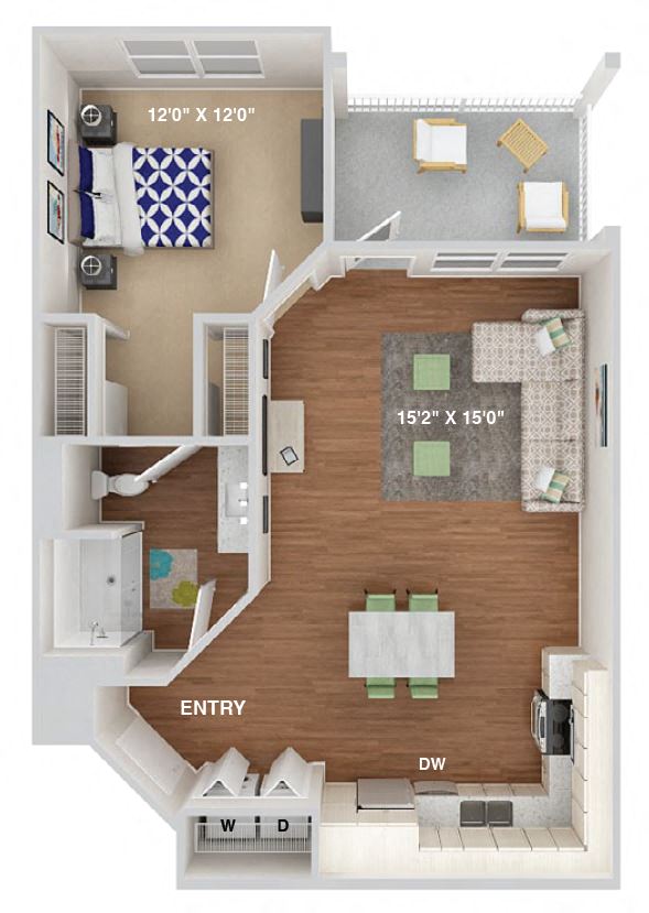 Floor plan for 1 bed, 1 bath, 781 sqft