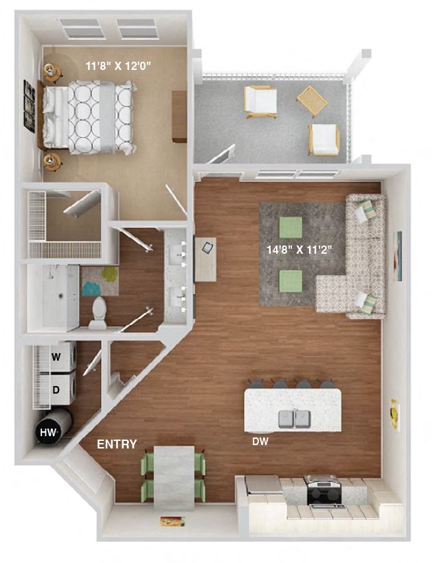 Floor plan for 1 bed, 1 bath, 826 sqft