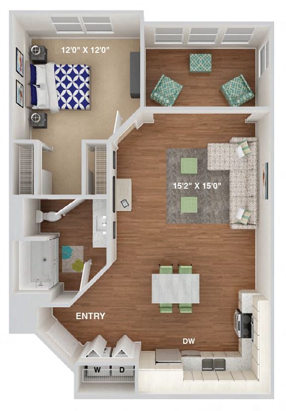 Floor plan for 1 bed, 1 bath, 880 sqft