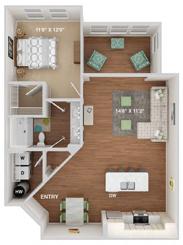 Floor plan for 1 bed, 1 bath, 925 sqft