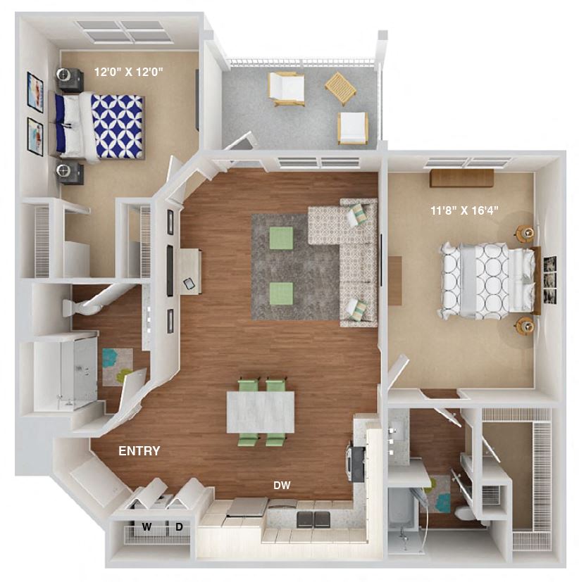 Floor plan for 2 beds, 2 baths, 1115 sqft