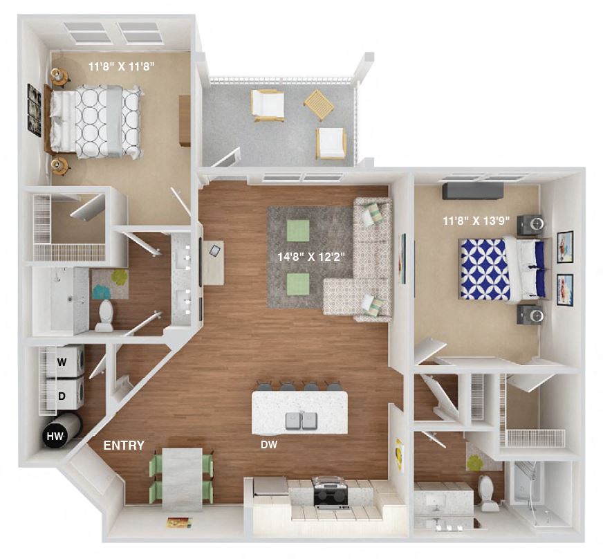 Floor plan for 2 beds, 2 baths, 1142 sqft