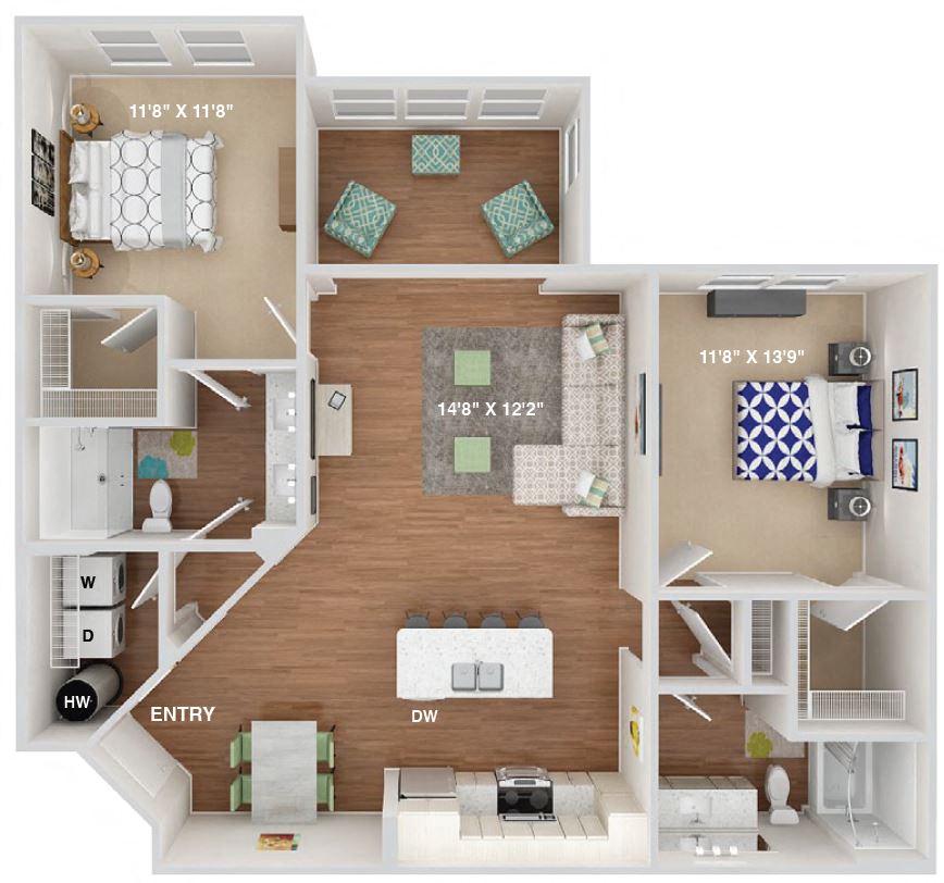 Floor plan for 2 beds, 2 baths, 1241 sqft