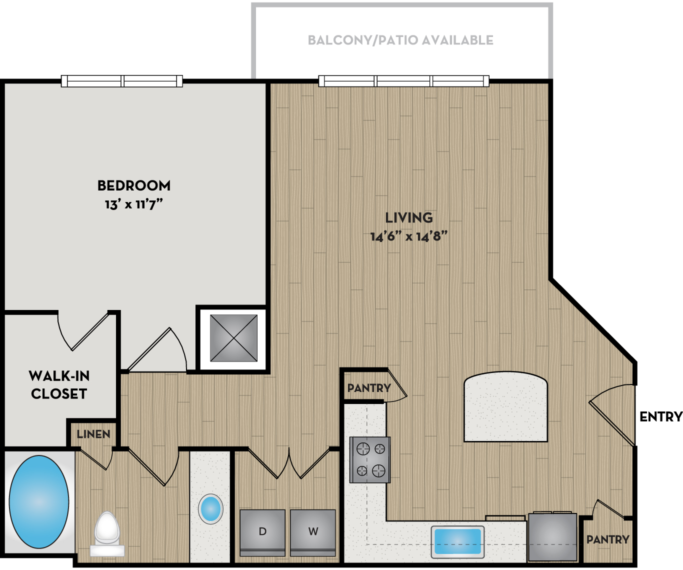 Floor plan for 1 bed, 1 bath, 766 sqft