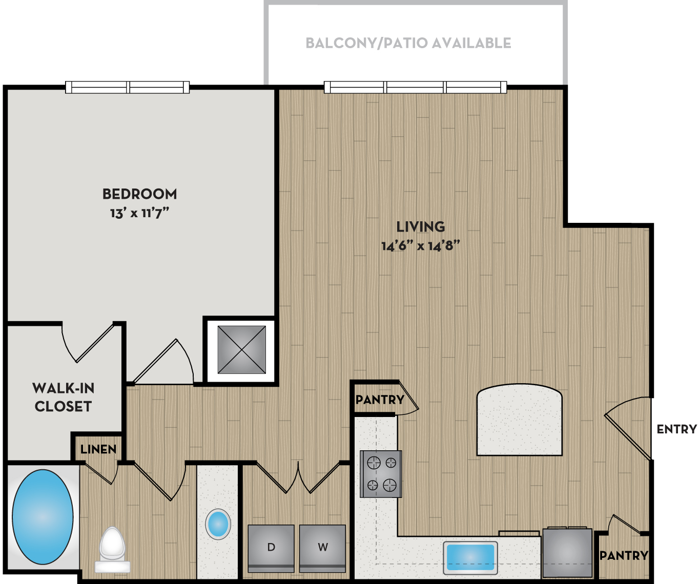 Floor plan for 1 bed, 1 bath, 788 sqft