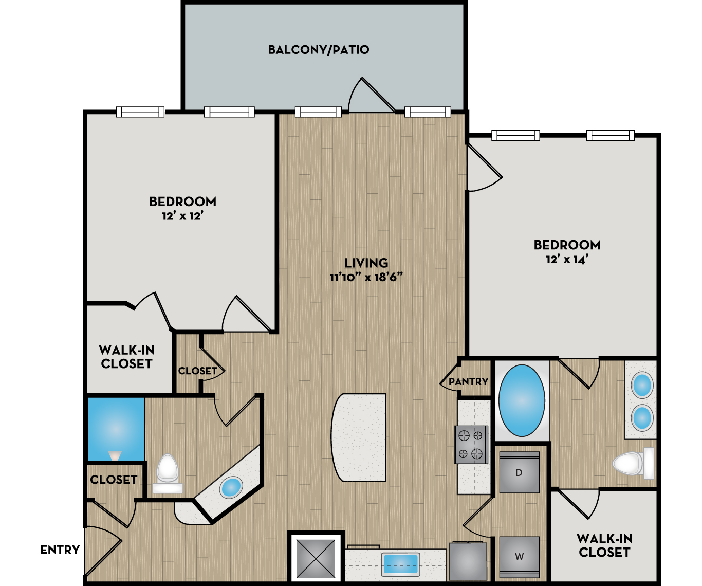 Floor plan for 2 beds, 2 baths, 1110 sqft
