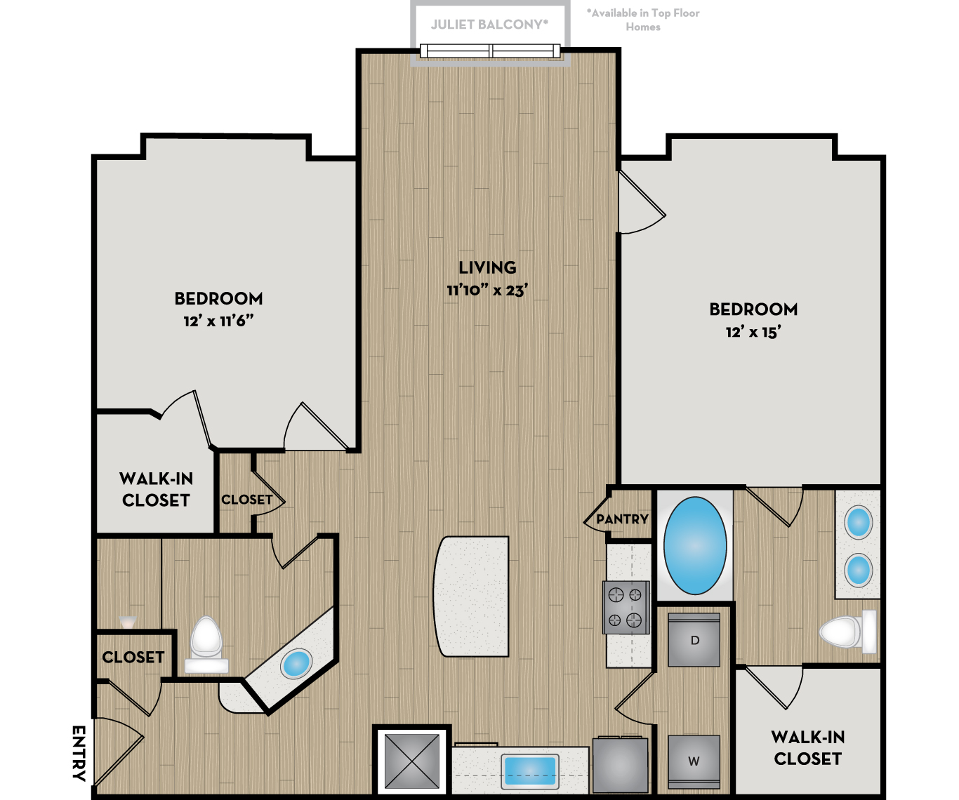 Floor plan for 2 beds, 2 baths, 1188 sqft