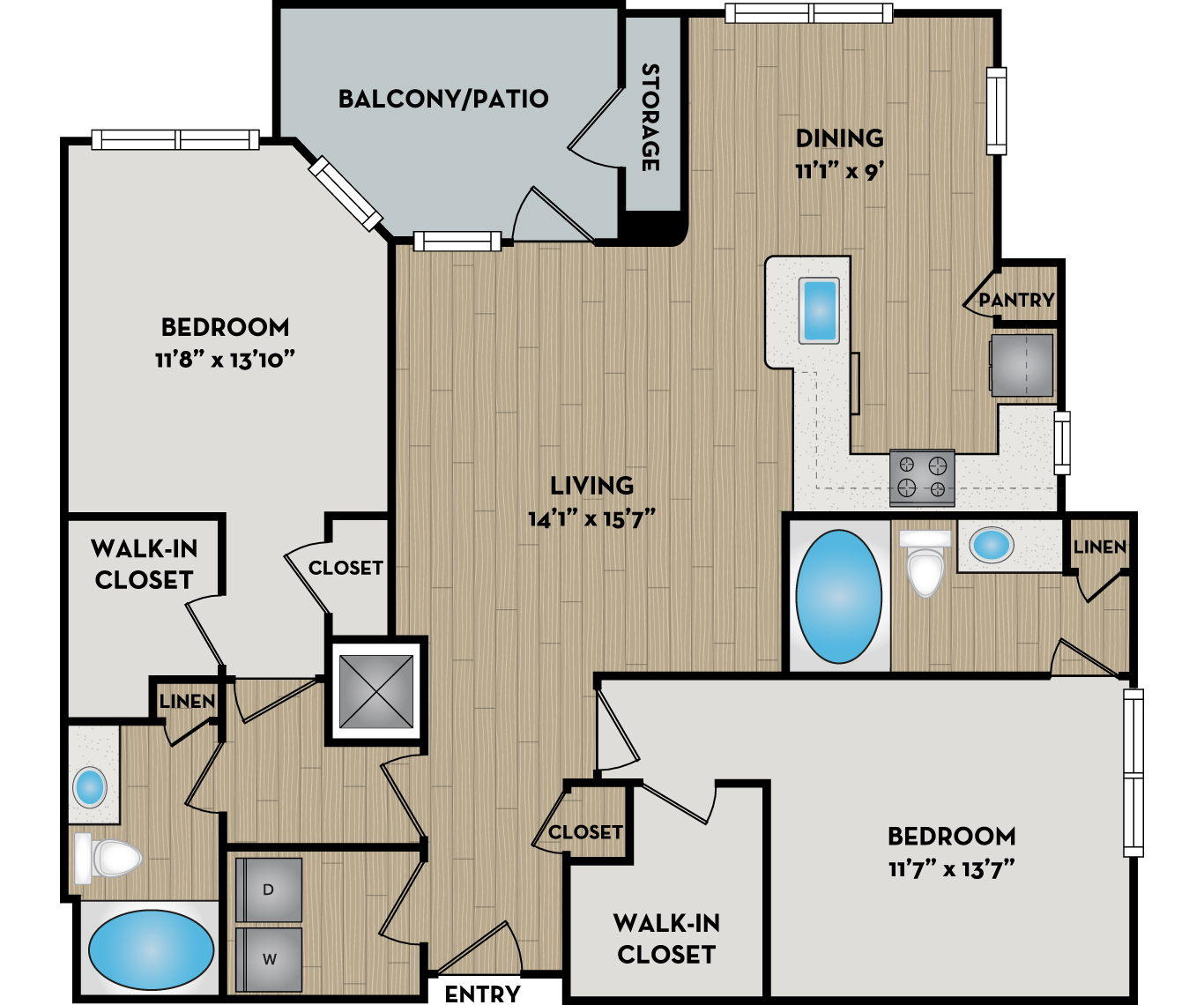 Floor plan for 2 beds, 2 baths, 1212 sqft