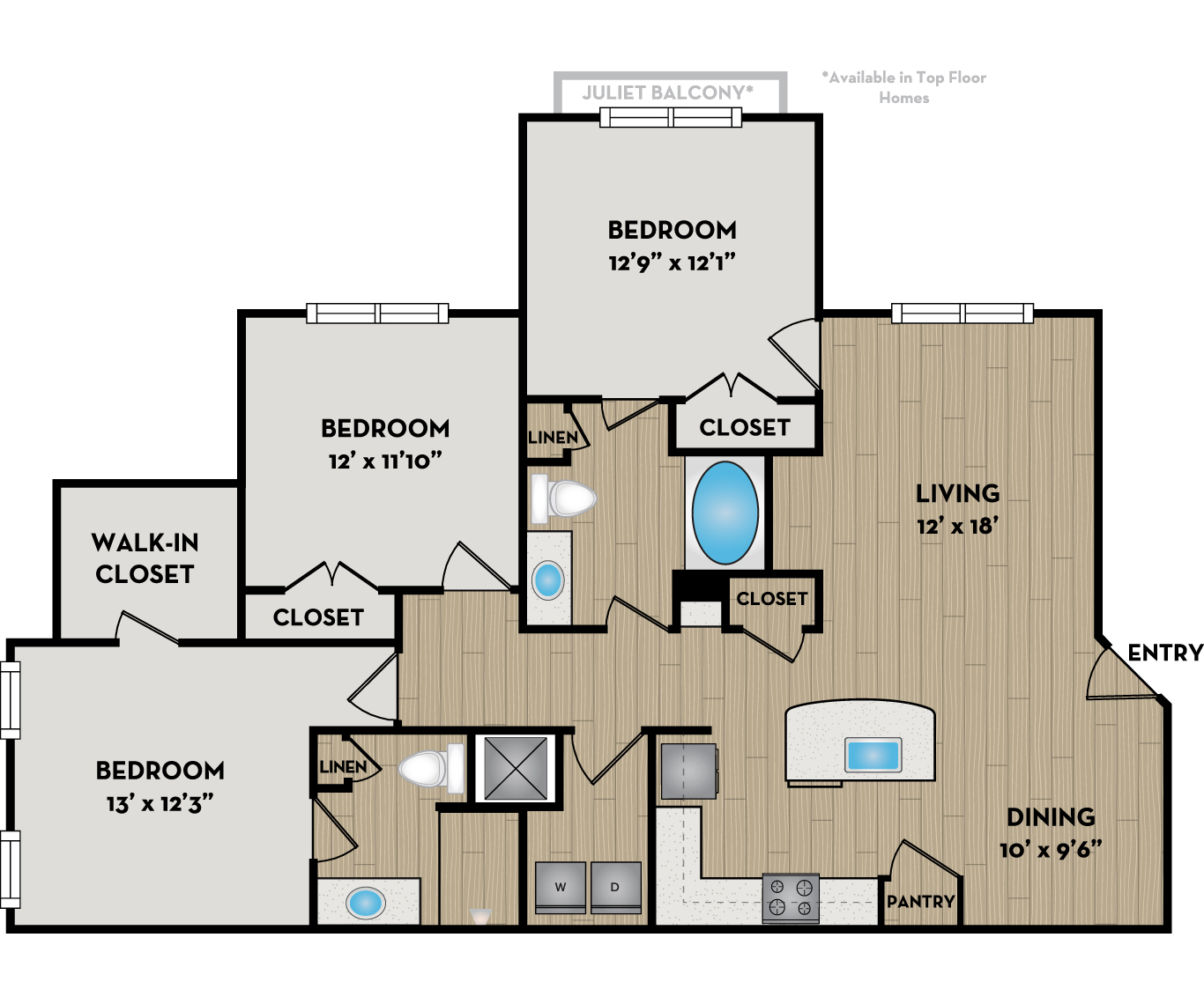 Floor plan for 3 beds, 2 baths, 1373 sqft