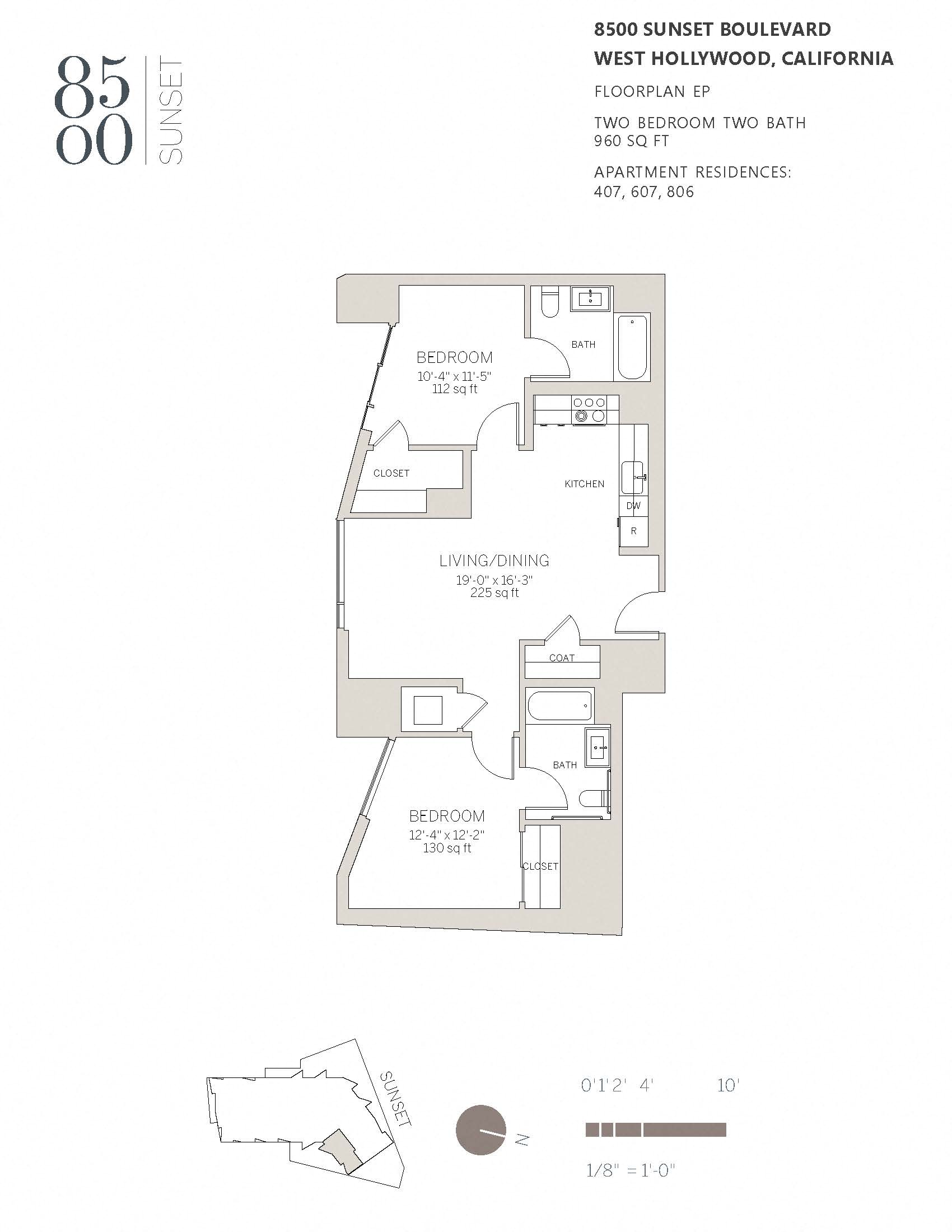 Floor plan for 2 beds, 2 baths, 960 sqft