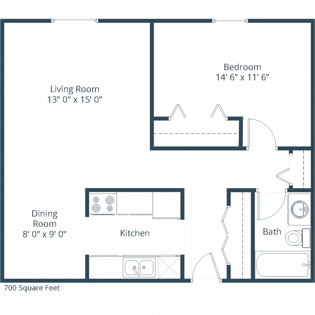 Floor plan for 1 bed, 1 bath, 700 sqft