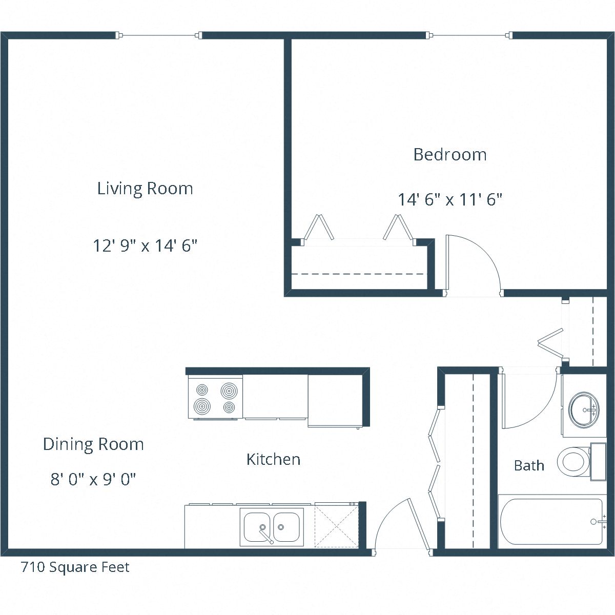 Floor plan for 1 bed, 1 bath, 710 sqft