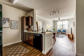 Fort Worth apartment for rent - A kitchen with a black dishwasher and wooden cabinets.