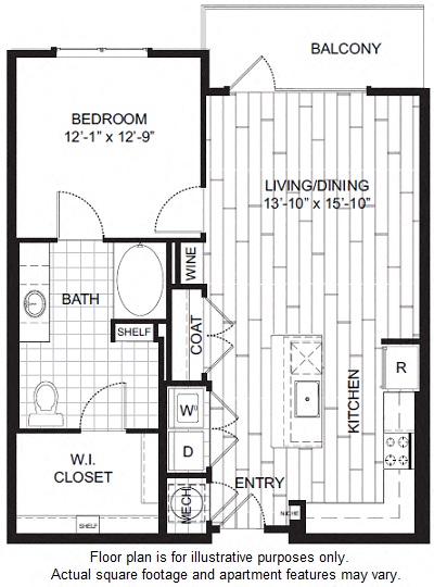 Floor plan for 1 bed, 1 bath, 826 sqft