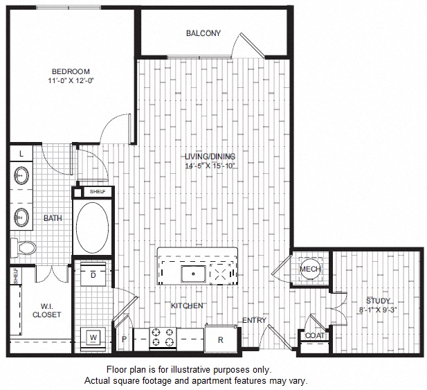 Floor plan for 1 bed, 1 bath, 930 sqft