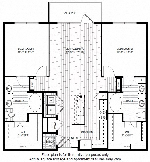 Floor plan for 2 beds, 2 baths, 1149 sqft
