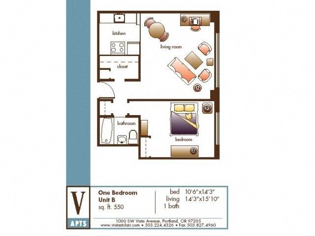 Floor plan for 1 bed, 1 bath, 606 sqft