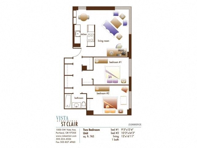 Floor plan for 2 beds, 1 bath, 745 sqft
