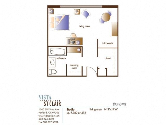 Floor plan for studio, 1 bath, 354 sqft