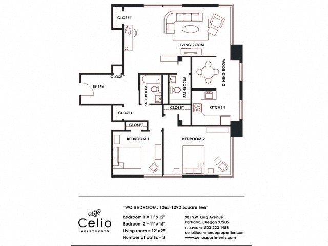Floor plan for 2 beds, 2 baths, 1065 sqft
