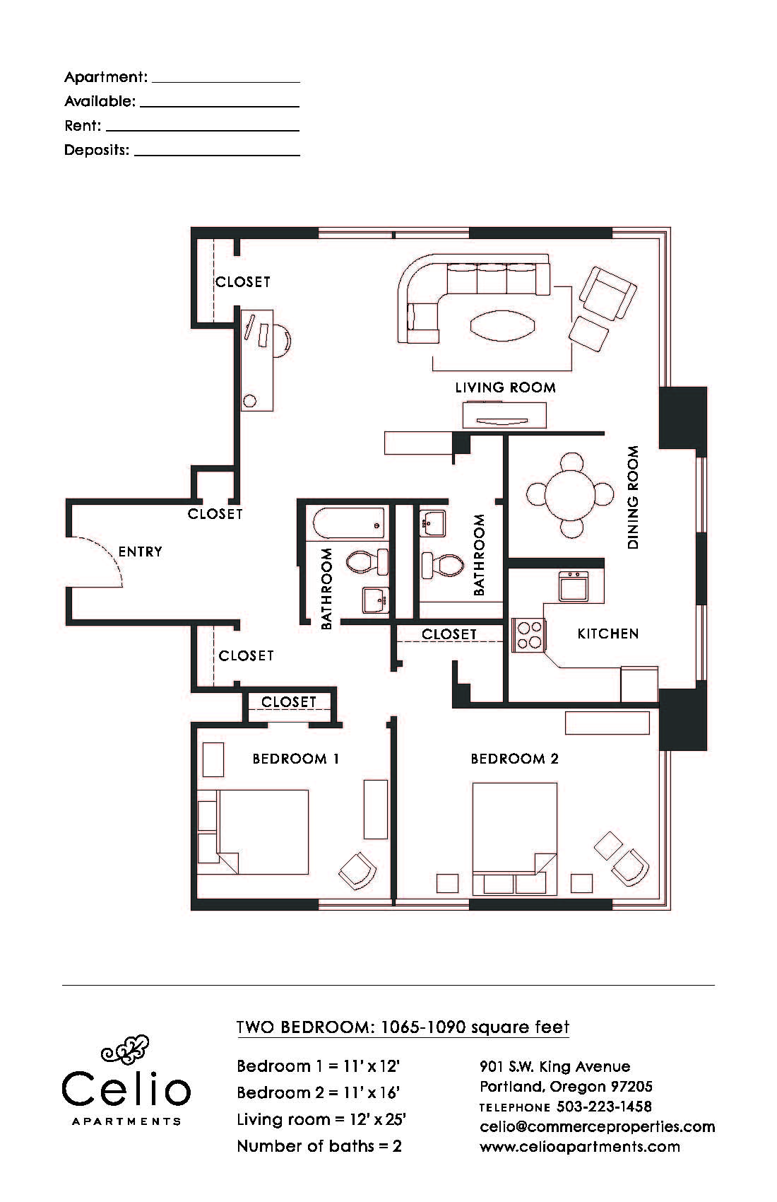 Floor plan for 2 beds, 1.5 baths, 1022 sqft