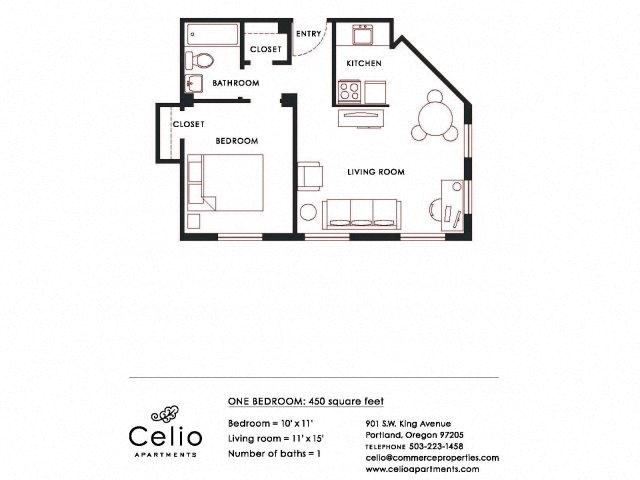 Floor plan for 1 bed, 1 bath, 535 sqft