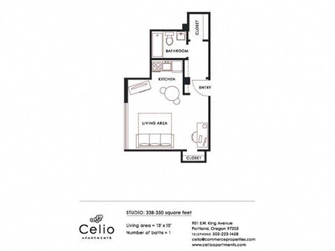 Floor plan for studio, 1 bath, 407 sqft