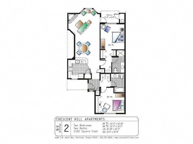 Floor plan for 2 beds, 2 baths, 1100 sqft