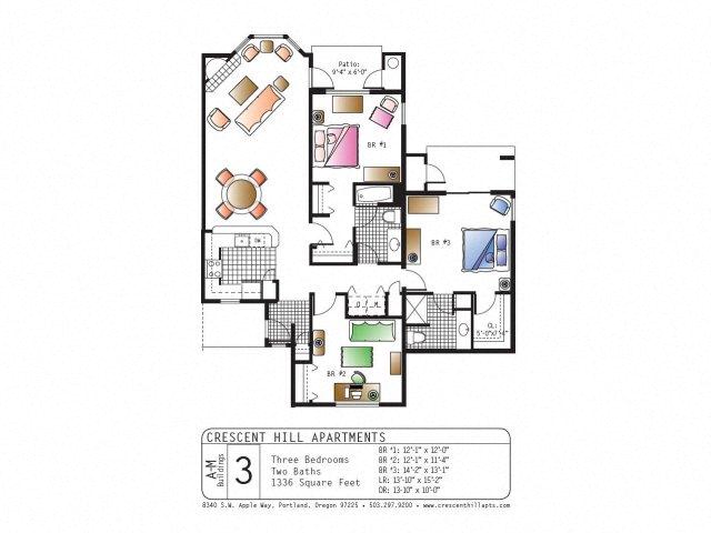 Floor plan for 3 beds, 3 baths, 1336 sqft