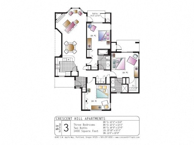 Floor plan for 3 beds, 3 baths, 1400 sqft
