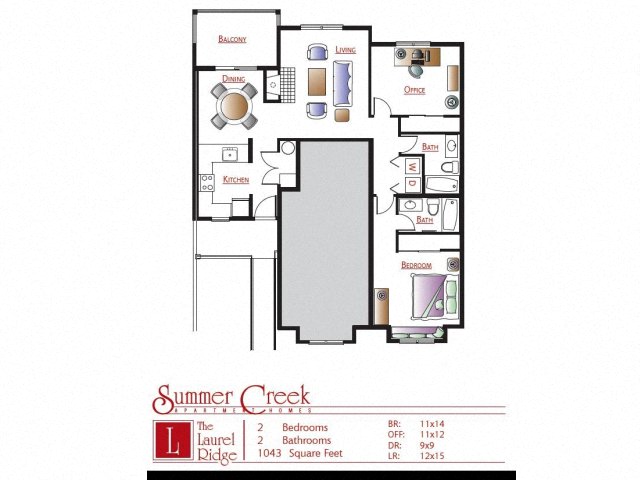 Floor plan for 2 beds, 2 baths, 1043 sqft