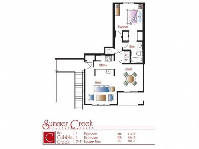 Floor plan for 1 bed, 1 bath, 745 sqft