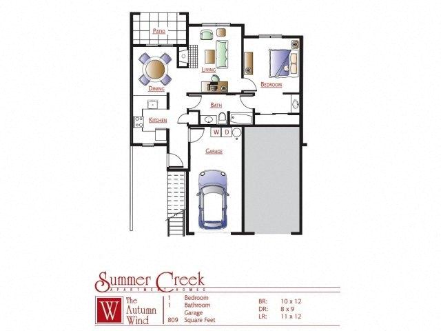 Floor plan for 1 bed, 1 bath, 809 sqft