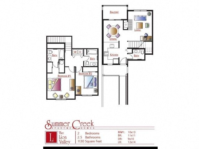 Floor plan for 2 beds, 2.5 baths, 1130 sqft