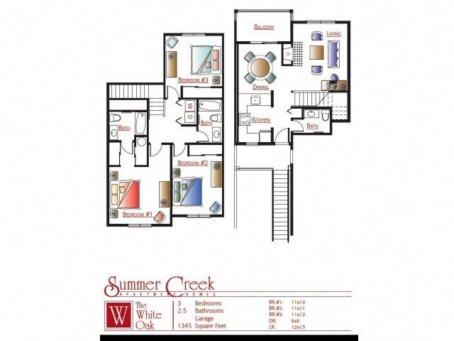 Floor plan for 3 beds, 2.5 baths, 1345 sqft