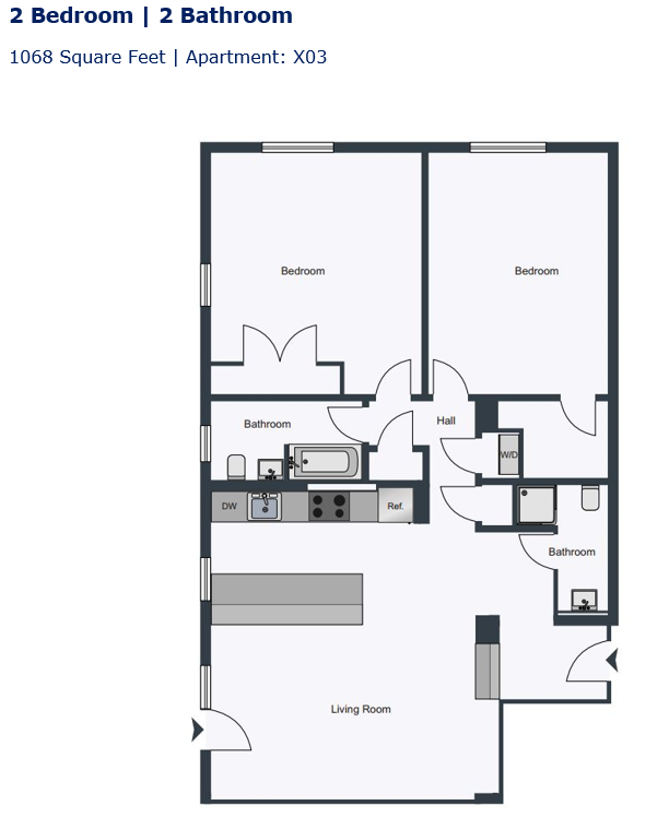 Floor plan for 2 beds, 2 baths, 1068 sqft