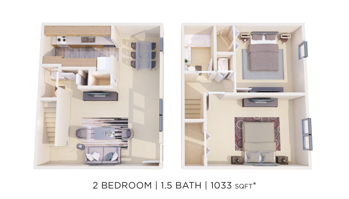 Floor plan for 2 beds, 1.5 baths, 1033 sqft