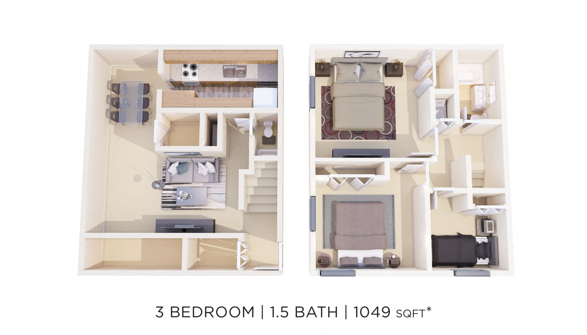 Floor plan for 3 beds, 1.5 baths, 1049 sqft